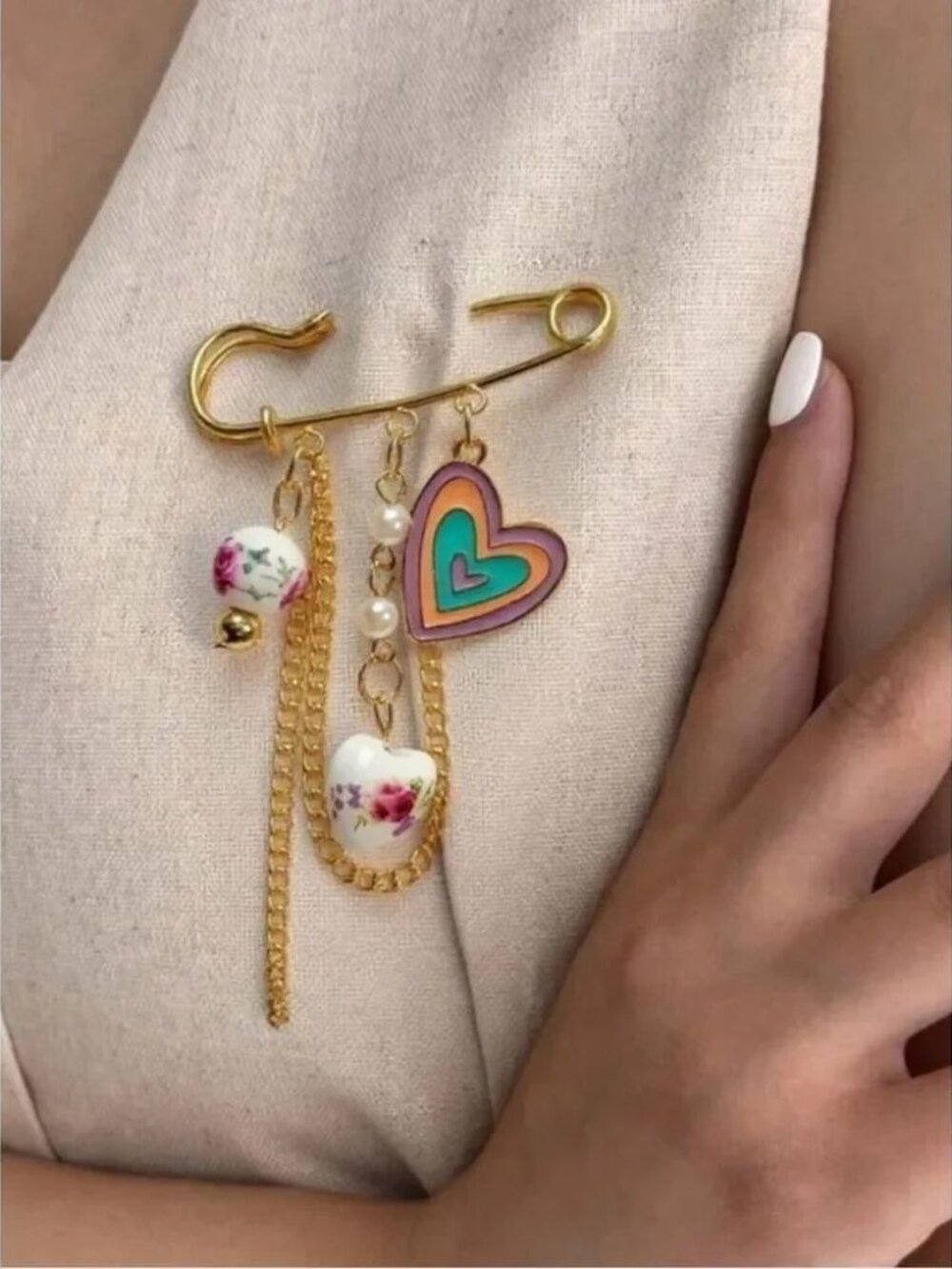 Gold Safety Pin Brooch with Multicolor Heart and Floral Charms R 535